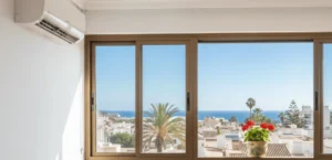 Interior de una habitación luminosa con una ventana grande que muestra vistas a un pueblo costero, palmeras y el mar azul. Se aprecia un aire acondicionado tipo split en la pared blanca a la izquierda.